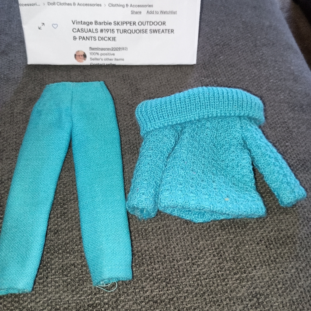 Vintage Barbie Skipper Outdoor Casuals. #1915 Turquoise Sweater and pants.